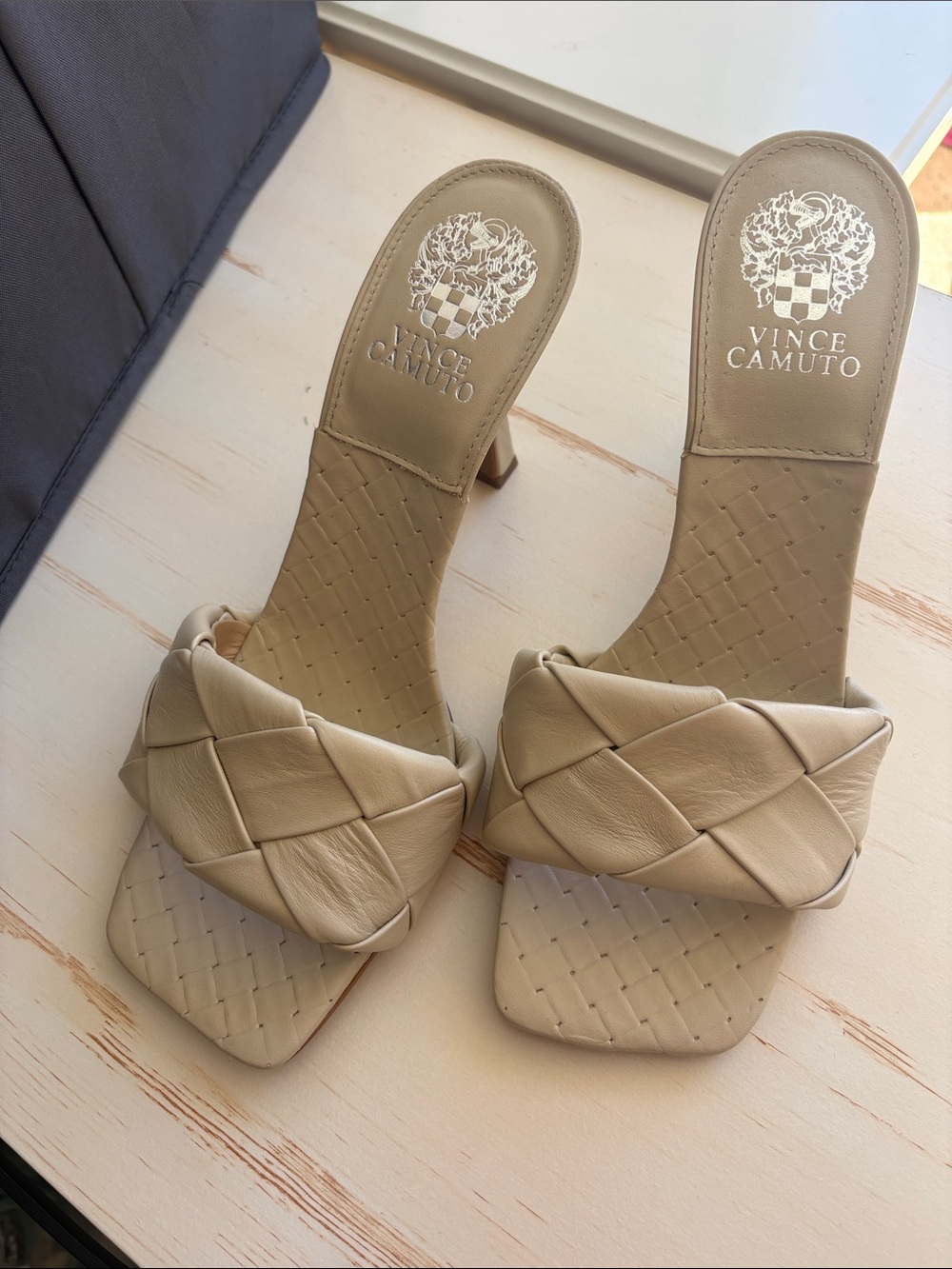 Vince Camuto Taupe Woven Leather Slide Heels